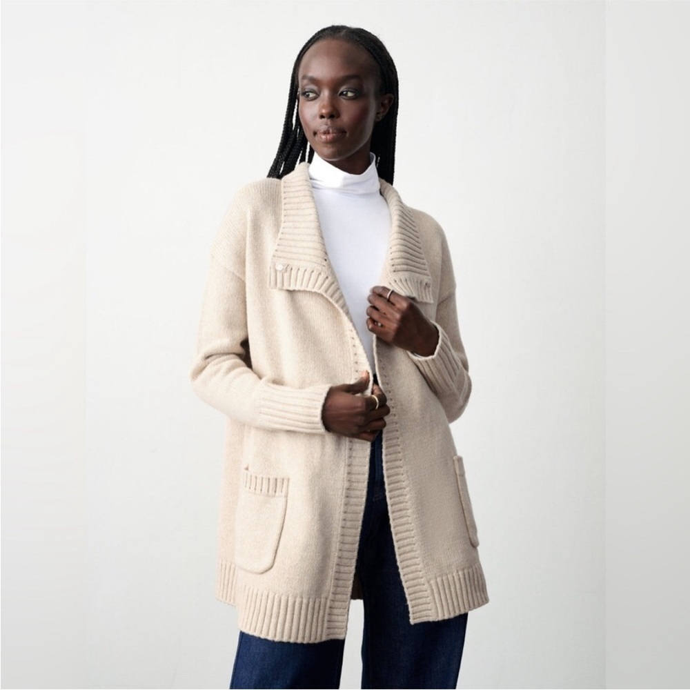 White + Warren Wool Blend Cowl Neck Long Open Sweater Cardigan Jacket Medium